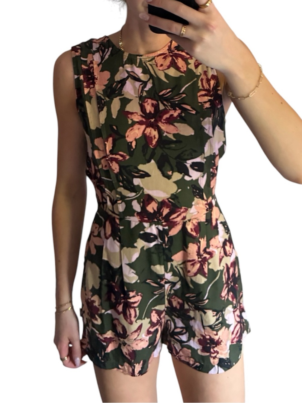 RVCA Floral Print Sleeveless Romper Olive Green & Blush Pink NWT